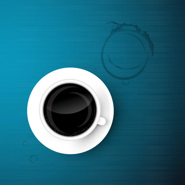 Taza de café sobre fondo azul con suciedad, mancha, impresión — Vector de stock