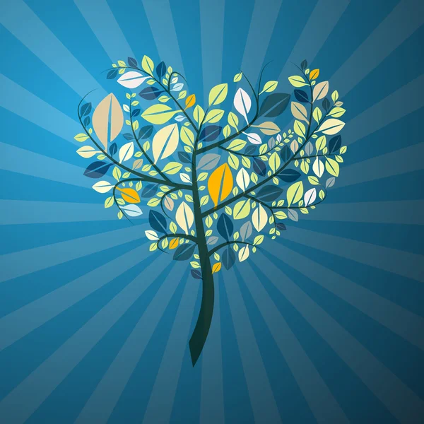 Árbol retro abstracto en forma de corazón sobre fondo azul — Vector de stock