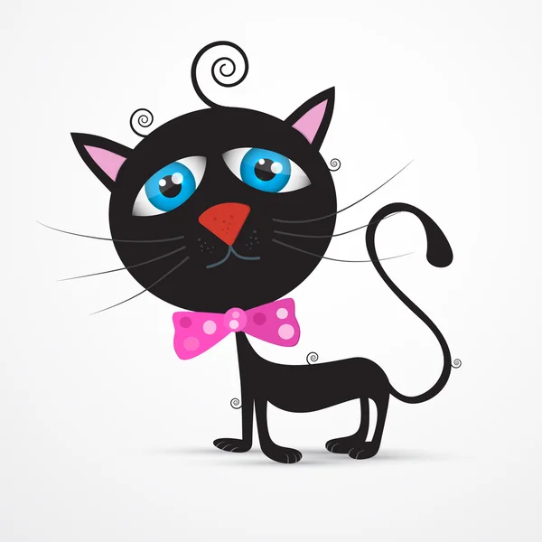 Vector gato negro, gatito con ojos azules y pajarita rosa — Vector de stock