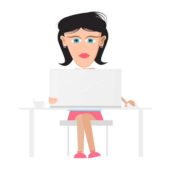 Γραμματέας, γυναίκα κάθεται στο γραφείο που εργάζεται στον υπολογιστή των επιχειρήσεων — Διανυσματικό Αρχείο