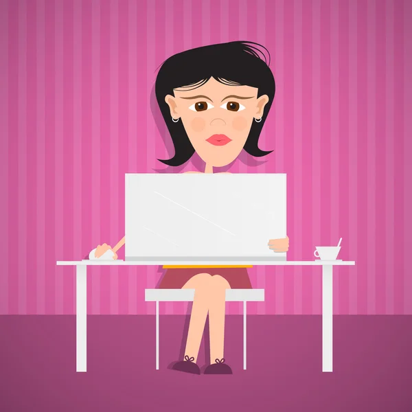 Mujer de negocios con computadora en rosa, fondo púrpura — Archivo Imágenes Vectoriales