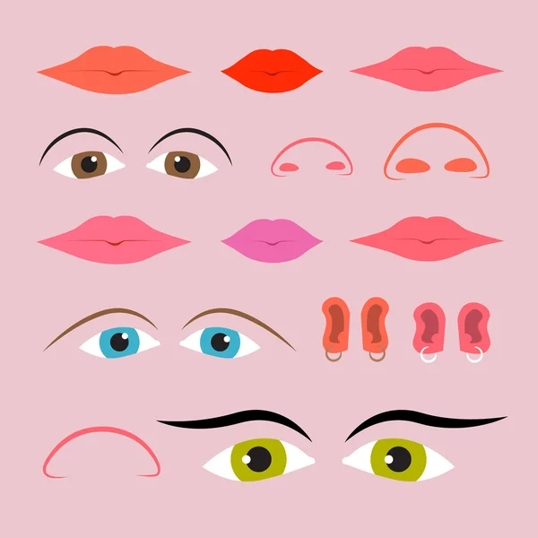 Ensemble yeux, bouches, nez et oreilles vectoriels — Image vectorielle