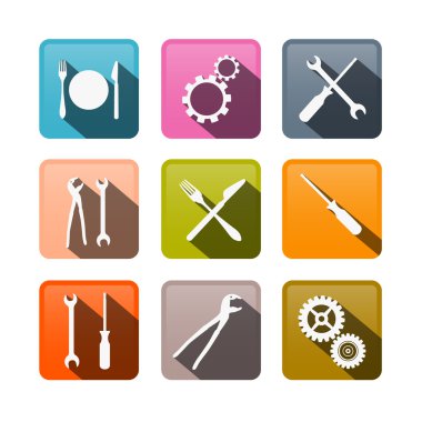 Retro vektör düğmeleri: Dişliler, Dişliler, tornavida, kerpeten, somun anahtarı, el anahtarı aletleri, bıçak, çatal