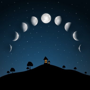 Ayın Evreleri. ağaç ve ev gece manzarası.