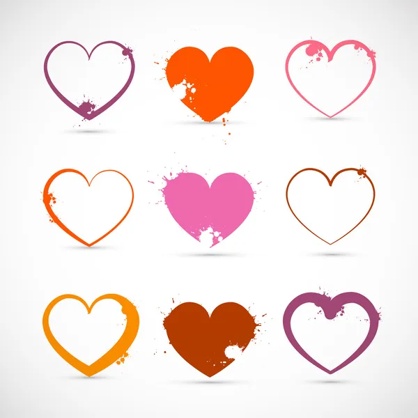 Hjärta in. grunge rosa, rött, orange valentine symboler med stänk, fläckar, blotting心を設定します。飛沫、汚れ、しみグランジのピンク、赤、オレンジ色のバレンタインの記号します。. — Stock vektor
