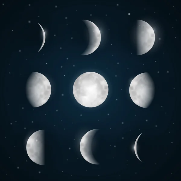 Fases de la Luna - Cielo nocturno con estrellas — Vector de stock