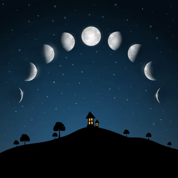 Ayın Evreleri. ağaç ve ev gece manzarası.