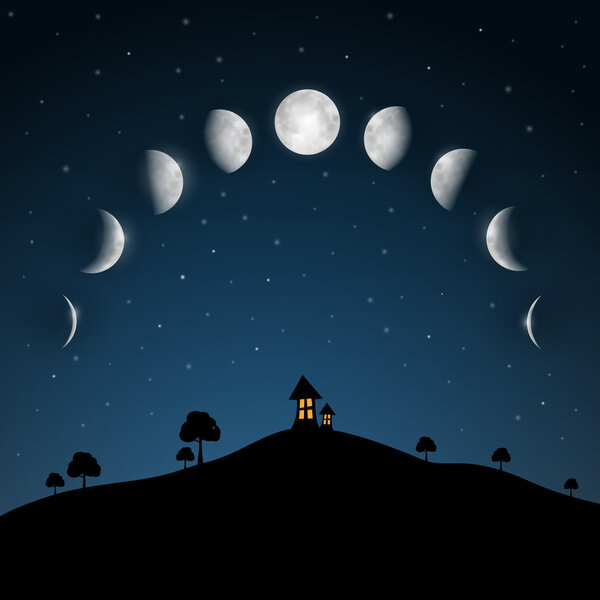 Фазы Луны. Ночной пейзаж с деревьями и домом
.