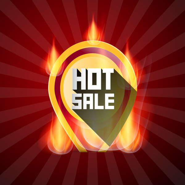 Hot Sale Yellow Label in Flames, Fire on Retro Red Background