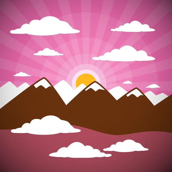 Nature Abstract Mountains Illustration with Clouds, Sun Set, Pink Sky — Stock Vector