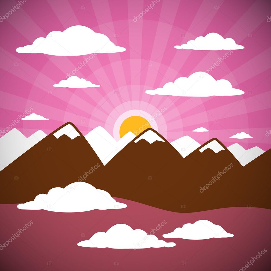 Nature Abstract Mountains Illustration with Clouds, Sun Set, Pink Sky