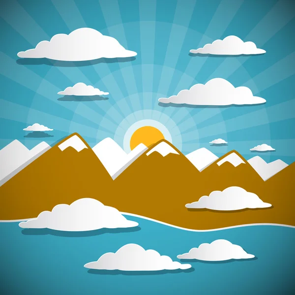 Fundo vetorial abstrato com montanhas, nuvens, céu azul e sol —  Vetores de Stock