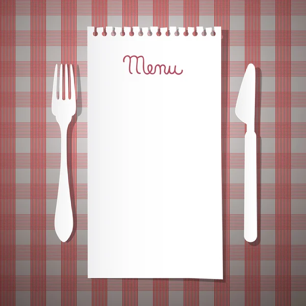 Menu de restaurante de papel com faca e garfo na toalha de mesa rosa — Vetor de Stock