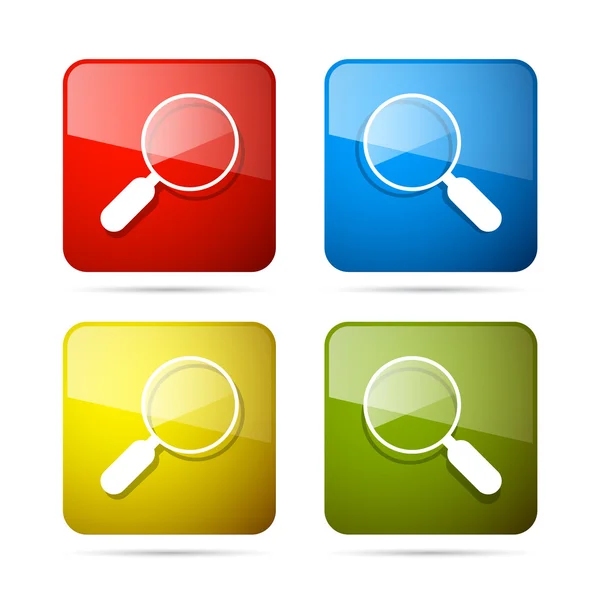 Serie di icone quadrate in vetro d'ingrandimento vettoriale 3d blu, rosso, giallo e verde — Vettoriale Stock