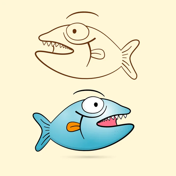 Peixe com dentes. Blue Vector Fish e Brown delineado . — Vetor de Stock