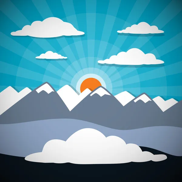 Fond vectoriel abstrait de montagne avec soleil, nuages — Image vectorielle