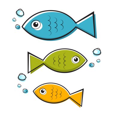 Mavi, yeşil ve turuncu balık illüstrasyon ile bubbles vektör