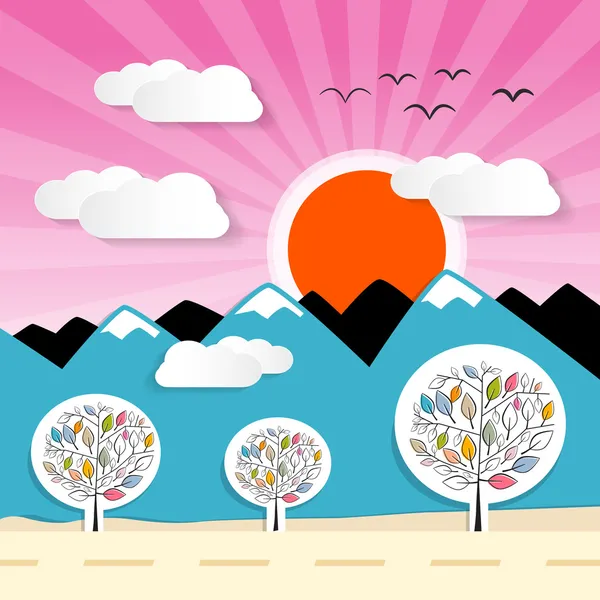 Natuur papier bergen illustratie met wolken, zon, roze hemel — Stockvector