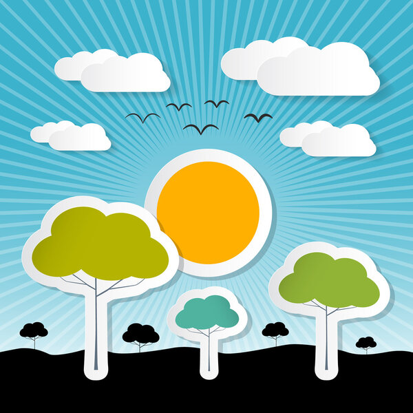 Векторный фон бумаги Природа с деревьями, облаками и солнцем
