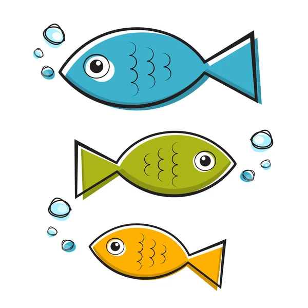Vektorové modré, zelené a oranžové ryby ilustrace s bubliny — Stockový vektor