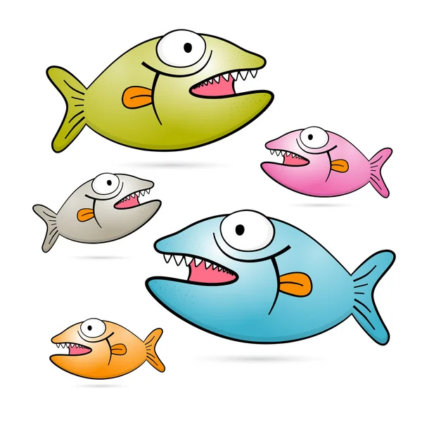 Colorful Vector Fish With Teeth Set Isolated on White Background — Stock Vector