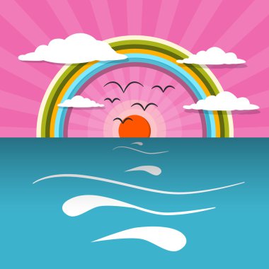 okyanus soyut günbatımı, sunrise vektör çizim ile güneş, kuşlar, gökkuşağı