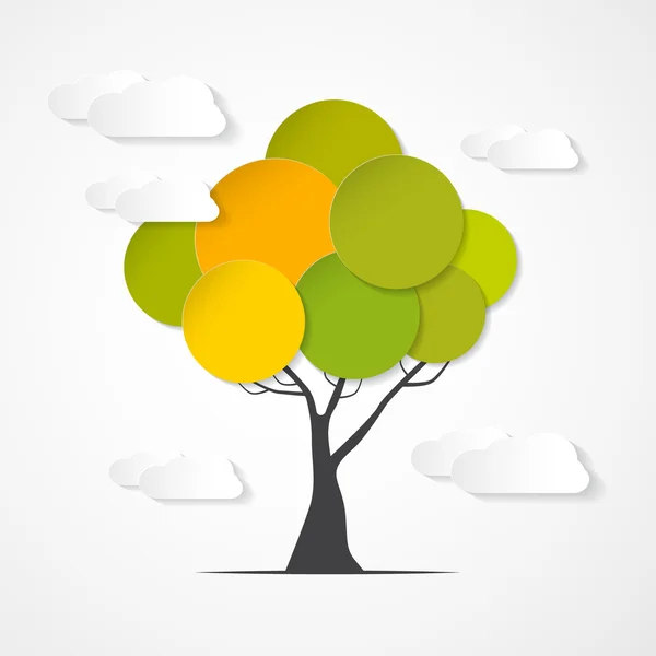 Abstrakt vektor papper grönt träd med moln — Stock vektor
