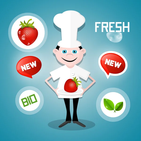 Cook - Chef with Strawberry and Fresh, New, Bio Icons — Stock Vector