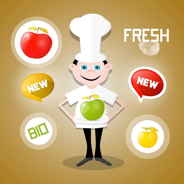 Koch - Koch mit Äpfeln und frischen, neuen Bio-Ikonen — Stockvektor