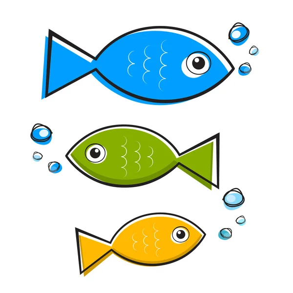 Διανυσματικά μπλε, πράσινα και πορτοκαλιά ψάρια εικονογράφηση με φυσαλίδες — Διανυσματικό Αρχείο