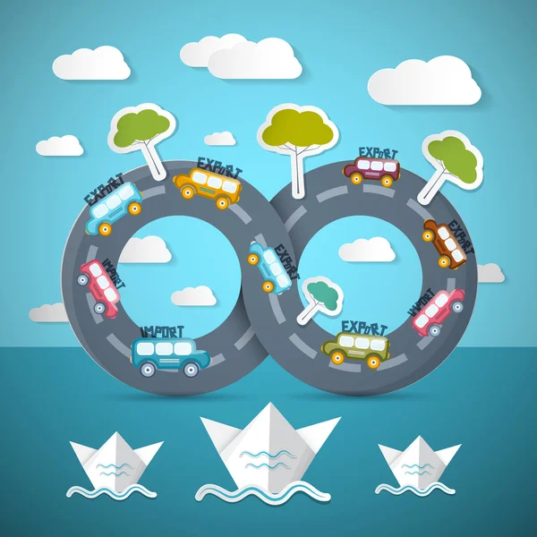 Route infinie avec voitures, océan, bateaux, nuages et arbres — Image vectorielle