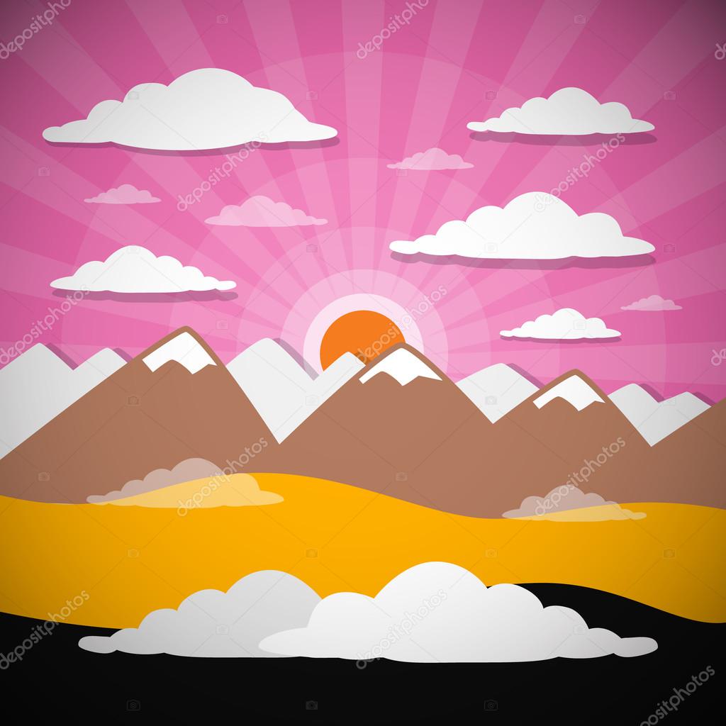 Nature Abstract Mountains Illustration with Clouds, Sun Set - Rise, Pink Sky