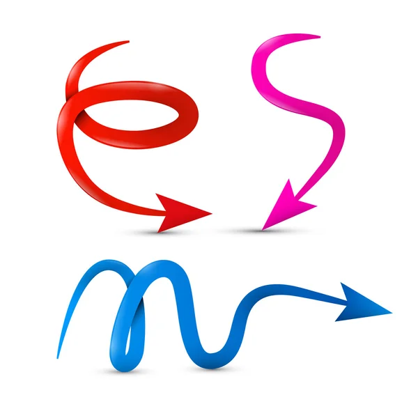 Gebogen vector rode, roze en blauwe 3d pijlen geïsoleerd op witte achtergrond — Stockvector