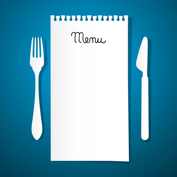 Paper Restaurant Menu with Knife and Fork on Blue Background — Stock Vector