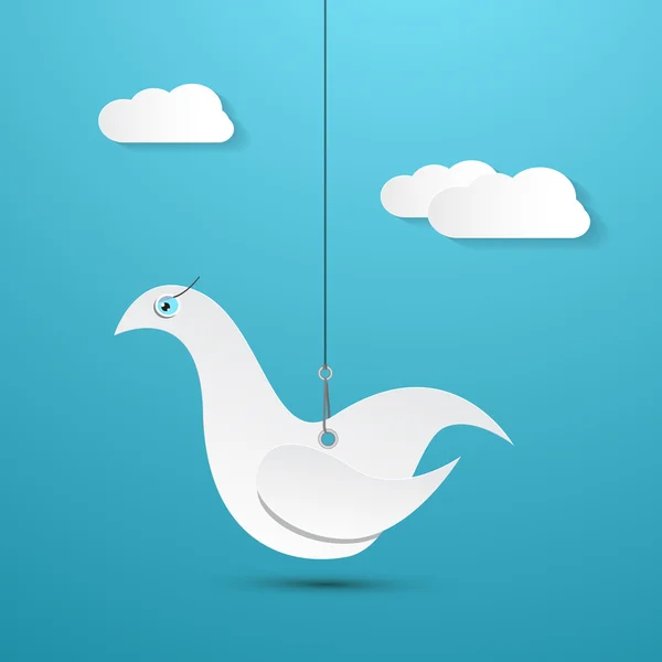 Vector Paper Bird Hang on Rope with Sky and Clouds on Background — Stock Vector