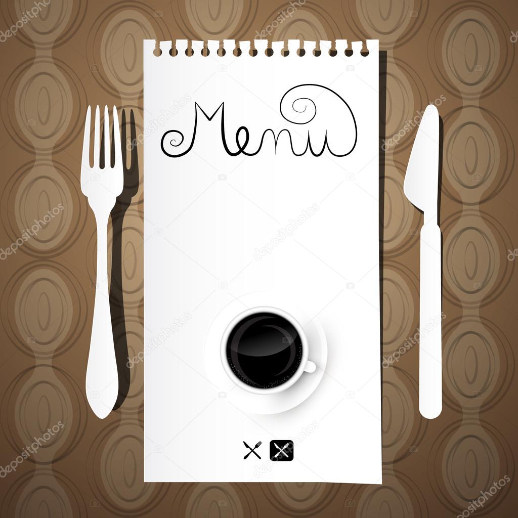 Paper Restaurant Menu with Knife, Fork and Coffee Cup on Retro Background