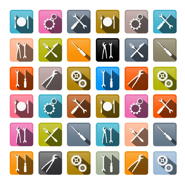 Retro Vector Icons - Cogs, Gears, Screwdriver, Pincers, Spanner, Hand Wrench Tools, Knife, Fork — Stock Vector