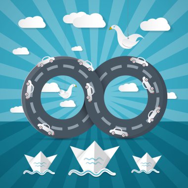 kağıt origami Infinity yol arabalar, okyanus, deniz araçları ve bulutlar