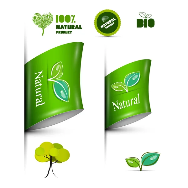 Etiquetas verdes de productos naturales - Etiquetas - Conjunto de etiquetas engomadas aisladas sobre fondo blanco — Archivo Imágenes Vectoriales
