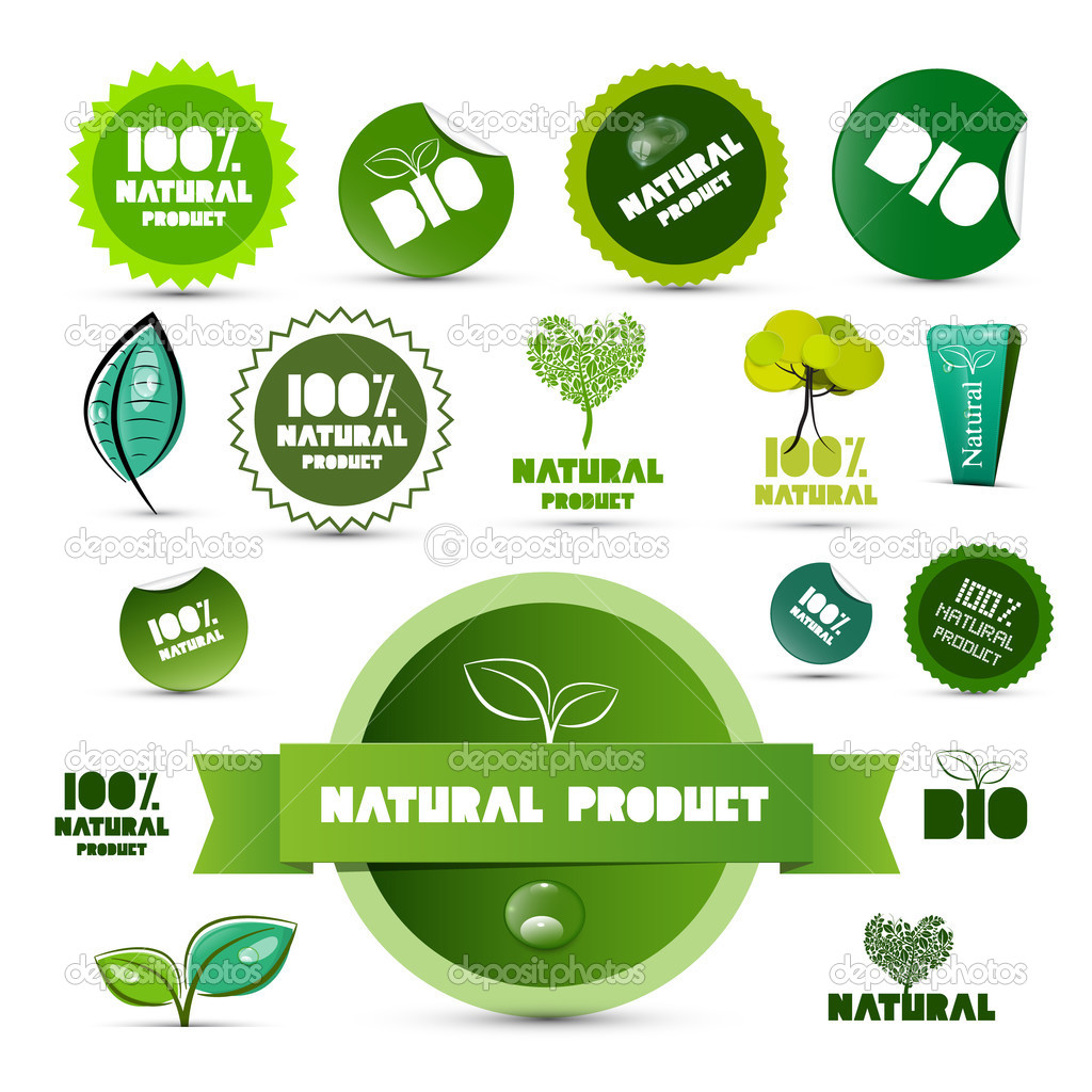 Natural Product Green Labels - Tags - Stickers Set Isolated on White Background