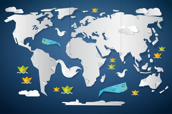 Vektorové ilustrace mapa světa papíru s rybami, ptáky a čluny — Stockový vektor