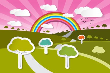 ağaçlar, bulutlar ve rainbow ile kağıt vektör doğa arka plan