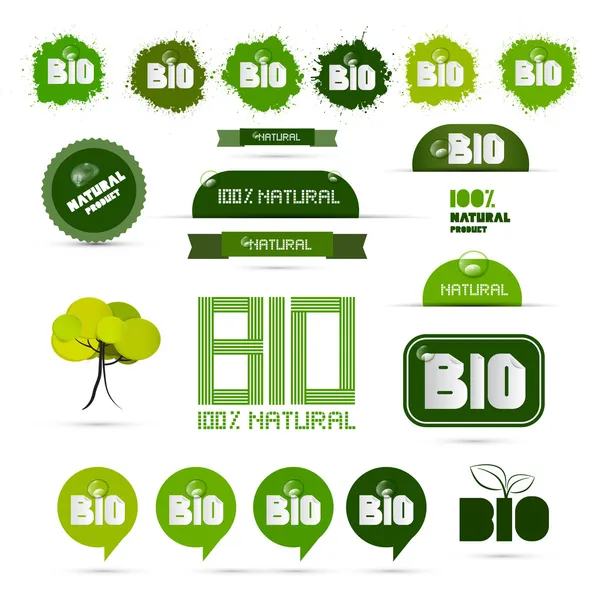 Bio - Etiquetas verdes de productos naturales - Etiquetas - Conjunto de etiquetas engomadas — Archivo Imágenes Vectoriales