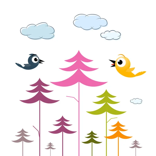 Vector Paper Trees, Birds and Clouds — Stock Vector