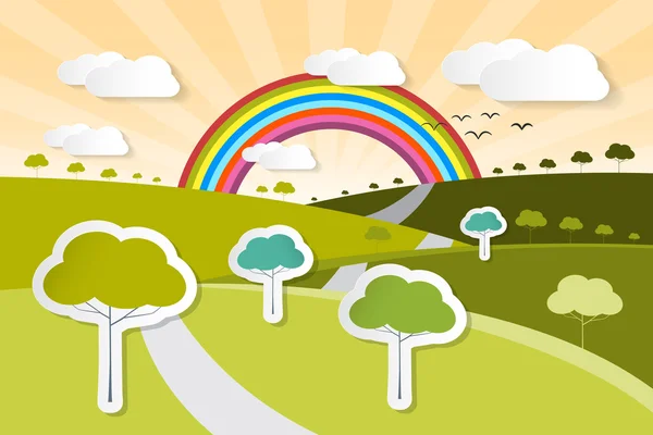 Papel Vector Naturaleza Antecedentes con árboles, nubes y arco iris — Vector de stock