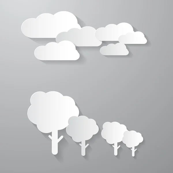 Vector wolken en bomen gesneden uit paper achtergrond — Stockvector