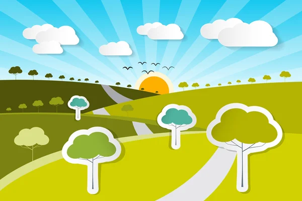 Papel rural Vector Naturaleza Antecedentes con árboles, nubes — Vector de stock