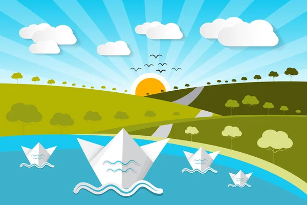 Papel Vector Naturaleza Fondo con Lago, Árboles, Nubes — Vector de stock