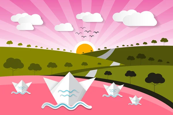 De achtergrond van de aard van papier vector met lake, bomen, wolken — Stockvector