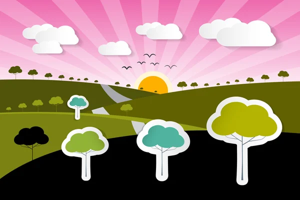 Papel rural Vector Natureza Fundo com árvores, Nuvens —  Vetores de Stock